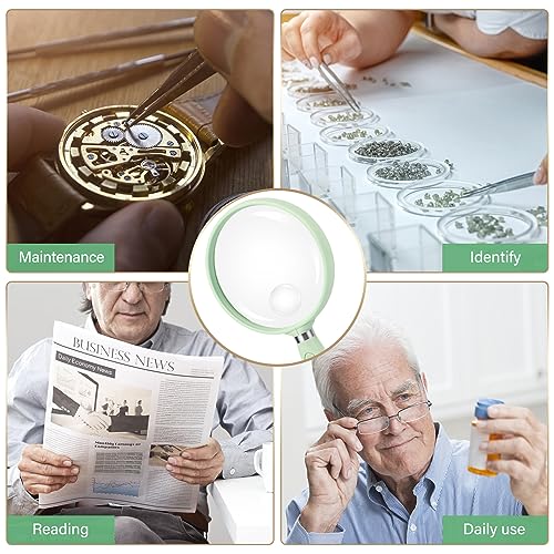Feosky Handheld Reading Magnifier, 10X Magnifier, 75mm Shatterproof Lens, Non-Slip Handle for Adults Close Work, Seniors Reading and Nature Exploration, Hobby Observation (Green) - color: Green01, size: 75mm