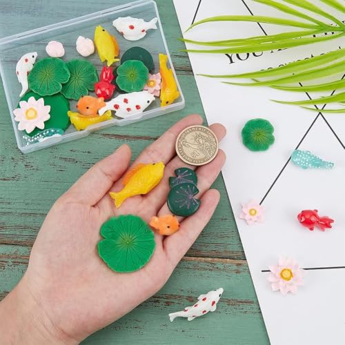 28Pcs 14 Style Miniature Resin Water Lily Pads Aquarium Fish Tank Decoration Leaf-Realistic Artificial Floating Lotus Flowers for Terrariums Fairy Garden Pool Patio Pond Wedding Decor