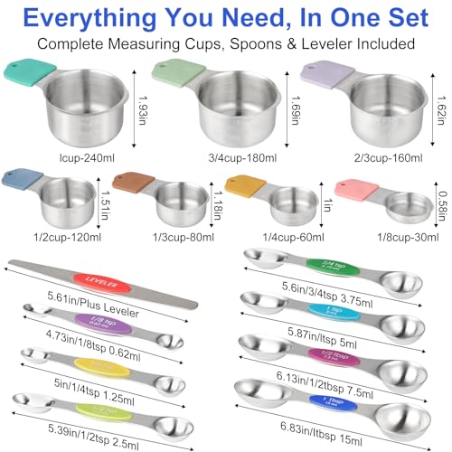 Magnetic Measuring Cups & Spoons Set, Strong N45 Magnets, Heavy Duty 304 Stainless Steel Fits in Spice Jars for Baking & Cooking, BPA Free, Round Set of 15 with Leveler, Light Colorful - color: Measuring Cups & Spoons Set of 15(Light Colorful)