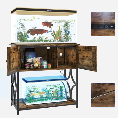20-29 Gallon Fish Tank Stand with Power Outlets & LED Light | 330LBS Capacity, 30.7" L*15.7" W Tabletop, Cable Management, 20 Gallon Aquarium Stand with Storage for Turtle Tank, Brown - color: Brown