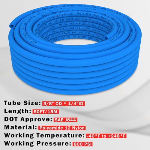 CheeMuii 50 FT 3/8" DOT Air Line Blue 3/8 PA12 Nylon Pneumatic Tubing 15.2 Meter 3/8 Inch OD Pneumatic Air Tubing Pipe Hose Line for Semi Truck Trailer or Industrial Air System - color: Blue, size: 3/8"OD-50FT