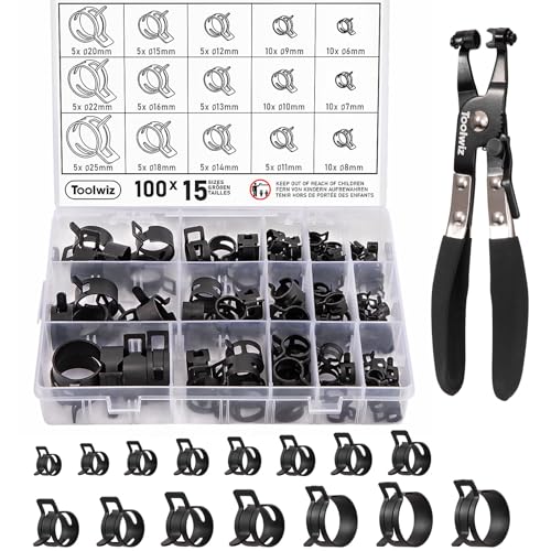 Toolwiz 100Pcs 6-25mm Spring Band Hose Clamp Assortment with Swivel Clamp Pliers, Constant Tension Radiator Hose Clamps, Black Hose Clips for Fuel Line, Silicone Vacuum Hose, Air Tube, Water Pipe - style: 100Pcs Spring Clamps with Plier