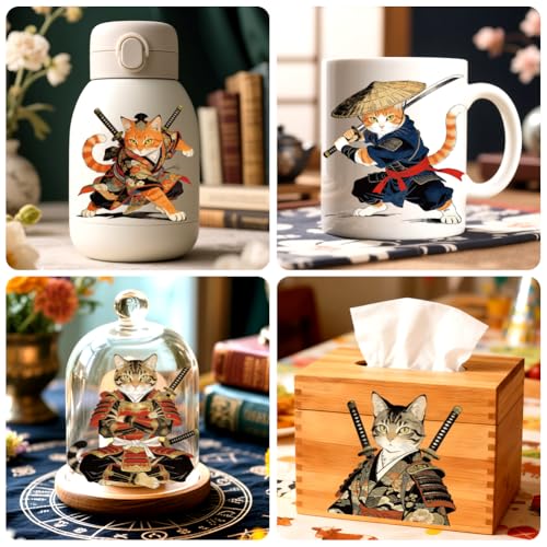 Peacoblue 18 Sheets Rub on Transfers for Crafts, Samurai Cat 3.6"x3.9" UV DTF Cup Wraps Waterproof Cold Transfers Stickers for Wood Glass Metal Cup Tumblers Mirrors Mugs Home Decor - style: Samurai Cat