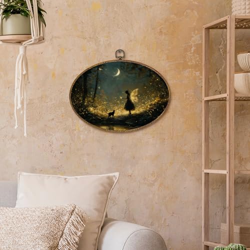 kdqua Enchanted Forest Fairy Oval Wall Art Decor, Dark Academia Cottagecore Canvas Artwork Framed, Moody Magical Fairy with Cat Wall Hanging Decorations for Home Bedroom Living Room, 11.4x8.6 Inch - color: Fairy2-oval, size: 11.4"L x 8.6"W