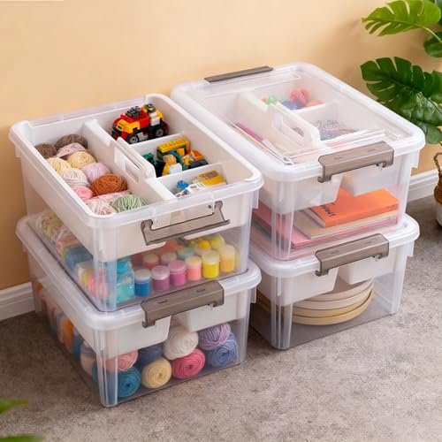 Citylife 17 QT Plastic Storage Bins Clear Storage Box with Removable Tray Stackable Latching Box with Handle for Organizing Tool, Craft, Office, Bead - size: 17 Qt- 1 Pack-H