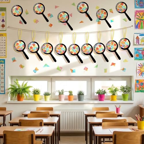 Renbuzhu 48PCS Sunday School VBS Crafts Bulk: Paper Magnifying Glass Nativity Suncatchers, Jesus Religious Christian Activity DIY Kits Church Decorations, Window Stained Glass Effect Art Supplies - style: magnifying glass