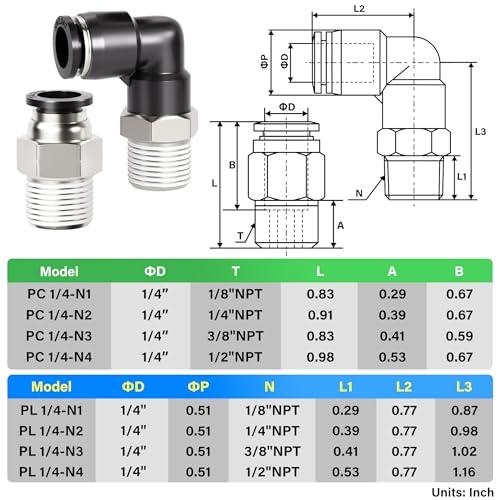 TAILONZ PNEUMATIC Elbow and Straight Combination 1/4 Inch Tube OD x 1/4 Inch NPT Thread Push to Connect Fittings PC-1/4-N2+PL-1/4-N2(Pack of 12) - size: 1/4"OD x 1/4"NPT