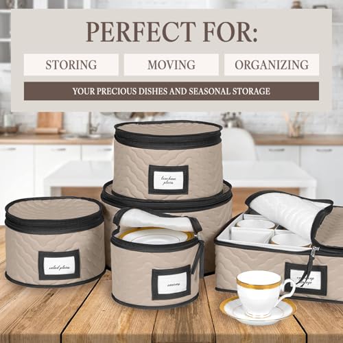 China Storage Containers 5-Piece Set Moving Boxes for Dinnerware, Glasses, Plates, Mugs and Saucers Sturdy Quilted Microfiber Dish Organizer with Dividers for Seasonal Storage - Holds Set of 12, Brown - color: Brown