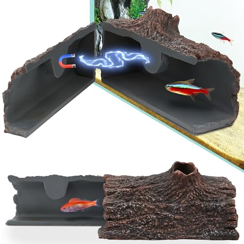 Upgraded Magnetic Detachable Aquarium Hideaway Hollow Tree Cave to Check Your Aquatic Pets to Breed, Play and Rest Safe and Non-Toxic Resin Fish Tank Viewing Hideout Ornaments