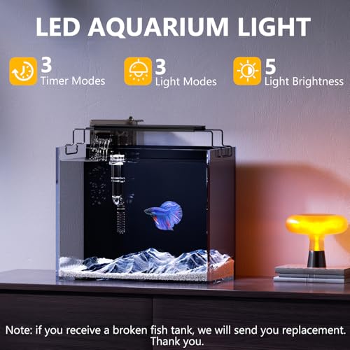 3 Gallon Fish Tank Aquarium Kit with HOB Filter, LED Light with Timer, Lid, Siphon Vacuum Cleaner, Self Cleaning Glass Rimless Betta Tank - size: 3 Gallon