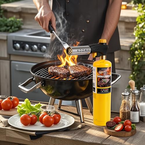 Propane Torch Head Kit with 1x MAPP Gas Tank,4-Flame Blow Torch Head Trigger Start Propane Torch with Igniter MAP Gas Torch Grill Gun on 1-lb Propane Tank Holder for Soldering Brazing Cooking - style: Torch+1xMAPP Gas