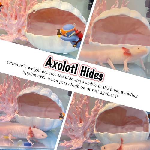Axolotl Hide Shell Shape Ceramic Fish Tank Cave, Double Sided Glaze, Fish Tank Decor Shelter for Small Pet Frog Fish Betta (Extra Large, Pink)