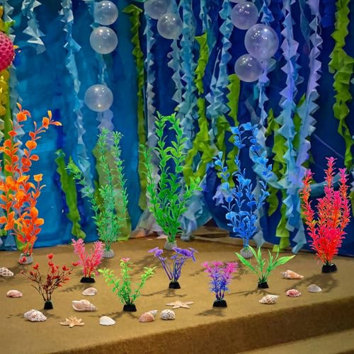 Outus 18 Pcs Under The Sea Party Decorations Ocean Theme Birthday Party Decorations 4" 12" 14" Artificial Fake Seaweed Plants Table Centerpiece for Summer Underwater Fish Tank Lifelike Decor