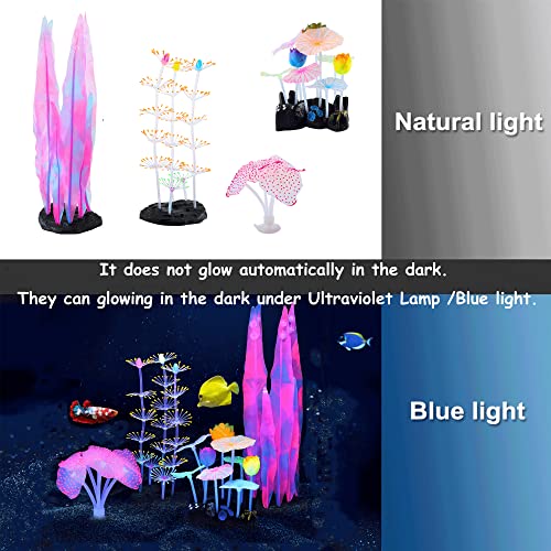 4 Pack Glow Aquarium Decorations Coral Anemone Lotus Leaf Seaweed Simulation Glow Plant Glowing Effect Silicone for Fish Tank Decorations - color: 4 Pcs(branch Coral+anemone+lotus Leaf+seaweed)