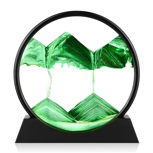 Moving Sand Art Picture - Round Glass 3D Deep Sea Sandscape - 3D Quicksand Painting Decor - Relaxing Home Decoration Desk Figurine for Office, Home, Desk, Mantle, Bookshelf - (Green, 7 in) - color: Green, size: 7in