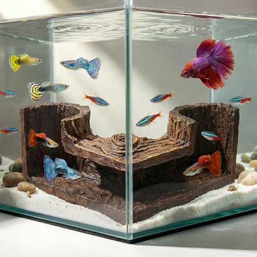 Aquarium Cave - Natural Resin Wood-Like Fish Tank Decorations & Accessories, 5.1" x 2" x 2.7" Safe Betta Hide & Tunnel for Guppy, Neon Tetra, Corydoras Catfish - Stackable Corner Ornament - color: Dark Brown
