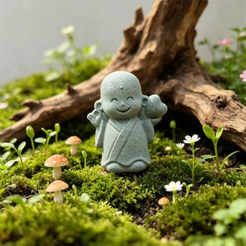 Praying Monk Statue Japanese Buddha Bosatsu Happy/Smiling Sandstone Ornament for Fish Tank Aquarium Bonsai Figures Feng Shui Decoration (A)