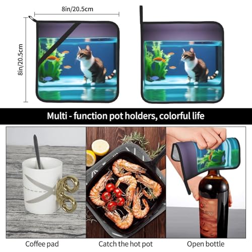 Cat in Aquarium Square Insulated Pot Mats Set of 2 Anti-Scald Heat Insulation BBQ & Microwave Use, Perfect for Home Chefs