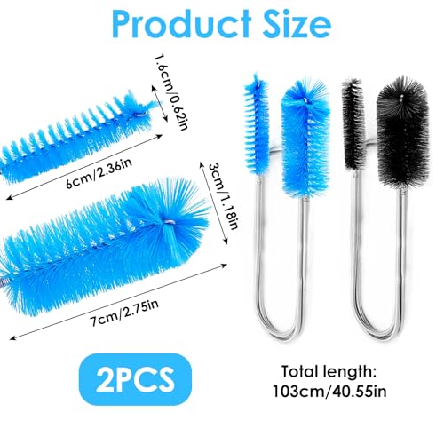 2 Pcs Flexible Drain Pipe Cleaning Brush, 36" Extra Long Double Ended Nylon Bristles and Stainless Steel Tube Cleaners, 2 Brush Head Sizes for Kitchen Sink, Pipe and Hose Cleaning (Black+Blue)