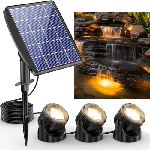 POPOSOAP 3-in-1 Solar Pond Lights, Warm White Underwater Pond Lights, IP68 Waterproof LED Fountain Lights for for Pond, Fountain, Pool Waterfall Decoration Garden Patio (3 Lights)-P63H - size: 3 Warm White Lights-Solar Powered