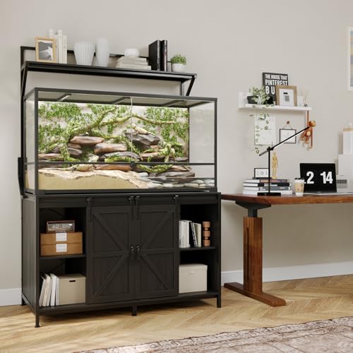 VOWNER Farmhouse Reptile Tank Stand with Power Outlet, 48" X 24" Tabletop Fits up 120 Gallon Bearded Dragon Tank, Heavy Duty Aquarium Stand with Storage Cabinet, Reptile Turtle Terrarium Stand Black - color: Black