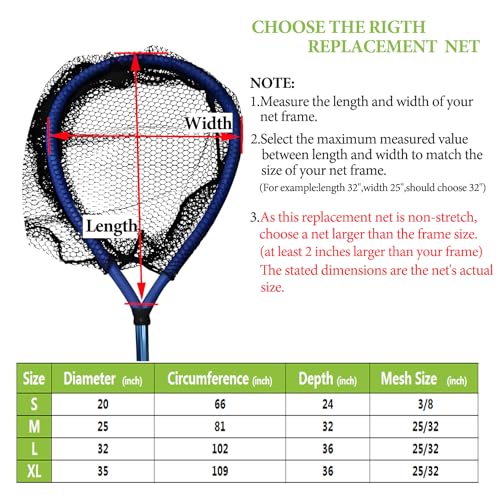 Rubber Coated Replacement Fishing Net Hook Resist for Landing Net, 24" to 36" Deep Net for Larger Catches - size: XL:34.6"Dia.-36"Depth-109"Circumference