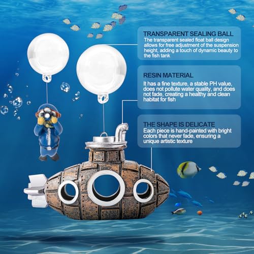 CousDUoBe New Upgrade Floating Fish Tank Decoration, Cute Retro Submarine Set and Floating Diver,Three Float Balls, Aquarium Decorations Resinous Betta Fish Tank Accessories - color: Brown