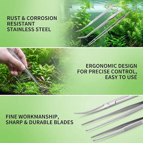 3Pcs Aquascaping Tools, Stainless Steel Aquarium Plant Tools with Straight & Curved Tweezers and Curved Scissors for Aquatic Plant Care & Tank Maintenance - Aquascape