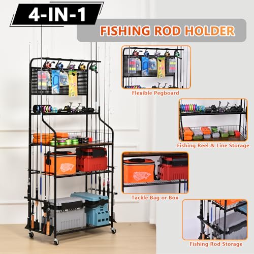 Heavy Duty Fishing Rod Rack, Fishing Organizer for Garage, Fishing Gear Holder for Garage with Movable Wheels - size: 15 Rods & Upgraded Pegboard