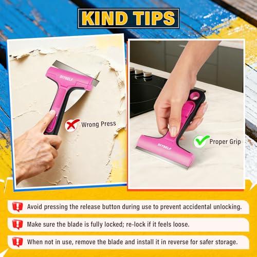DIYSELF 1 Pack Razor Blade Scraper with 10 Extra Razor Blades, Scraper Tool, Glass Scraper for Cleaning, Glass Stove Top Scraper, Window Scraper, Paint, Cooktop, Oven Scraper, Razor Scraper Tool - color: Pink, size: 10PCS Metal Blades