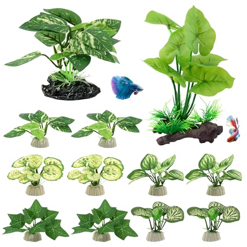 12pcs Artificial Silk Aquarium Plants Bettas Tank Accessories Green Fish Tank Plants Leaf Hammock Aquarium Decorations for Fish & Reptiles(Color:Green)