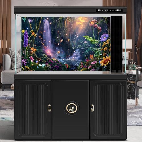 Fantasy Garden Aquarium Background Sunset Waterfall and Flowers Terrarium Backdrop Tropical Forest Lush Plant Magic Butterfly Lights Flowers Fish Tank Background Poster Decorations 24x12in - color: Purple, size: 24(W)x12(H)in