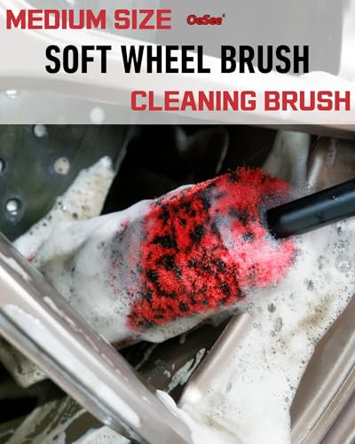 oesee Professional 4 Pack Long Handle Wheel Brush Kit for Cleaning Wheel and Tire- 2X Soft Wheel Cleaning Brush, Detailing Brush and Stiff Tire Brush, Bendable& Durable Wheel Rim Cleaner Brush Set - color: 4 Pack (Red & Black)