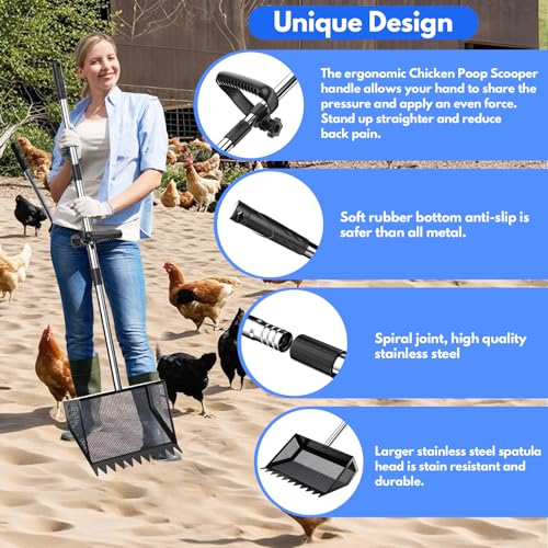 Chicken Poop Scooper Rake 2-in-1,304 Stainless Steel Shovel Head, Chicken Litter Scoop with Handle for Chicken Coop for Sand, Pet Waste Cleaning, Litter Sifting Shovel (35 to 65") (Black, 10inch) - color: Black, size: 10inch