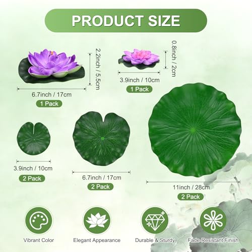M METERXITY 1-Set Artificial Floating Foam Lotus Flower with Water Lily Pad, 4/7/11 Inch Fake Lotus Flowers Water Lilies for Pool/Fountain/Garden Decor, Pond Plants Ornaments [Purple] - color: Purple, size: 6.7/3.9 Inch