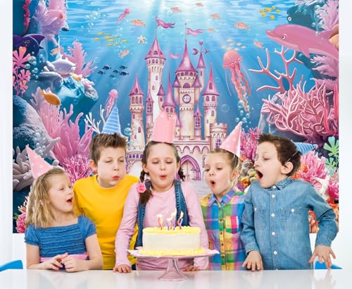 Under The Sea Backdrop Summer Underwater World Wonderland Castle Coral Shell Mermaid Ocean Theme Photography Background Girls Princess Baby Shower Birthday Party Decorations Photo Props (7x5FT) - size: 7x5FT