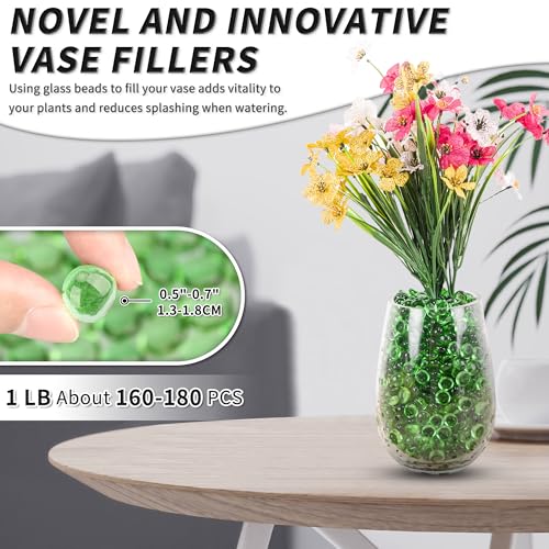 1 LB Green Flat Glass Beads, 160-180PCS Small Glass Marbles, Mini Flat Round Pebbles for Vase Filler and Floral, Fish Tank Rocks Decorative Gemstones for Home and Aquarium Décor - color: Green