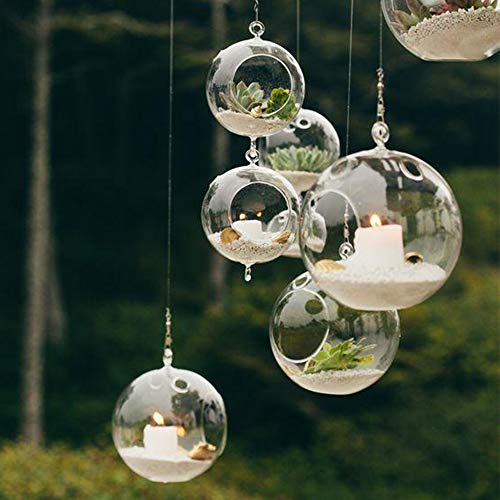 WGV Hanging Terrarium Globe, Width 4", Height 6", Double Hook, DIY Air Succulent Planter, Clear Glass Vase Orb, Candle Holder for Windowsill Outdoor Garden Decor, 6 Pieces Bulk - size: 4" Double Hook