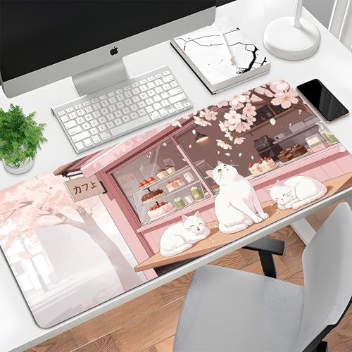 Pink Cute Cat Gaming Mouse Pad Large Desk Mat Extended Keyboard Mouse Pad Anime Mousepad with Non-Slip Base and Stitched Edge Mouse Mat Desk Pad 31.5 x 11.8 in Mouse Pads for Desk Home Office Gaming - color: Pink Cherry Blossom Cat