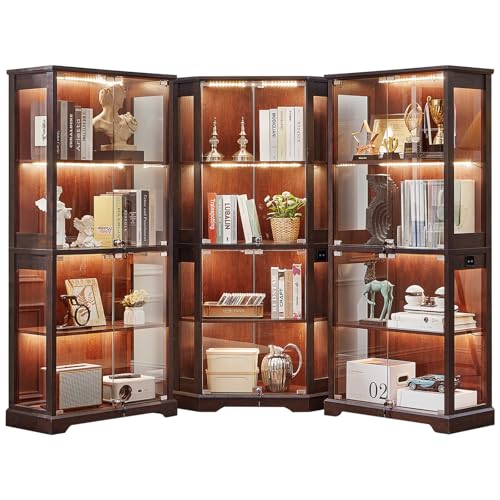 LELELINKY Farmhouse Glass Display Cabinet Set of 3 with Doors, Corner Curio Cabinet for Collectibles, Wooden Display Cabinets for Home, Office, Living Room, Corner, Walnut - color: Walnut, size: Set C