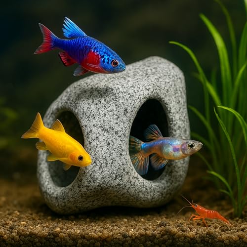 Aquarium Hideaway Rock Cave – Safe and Non-Toxic Ceramic Fish Tank Decorations, Betta Fish Cave and Aquarium Decor for Small Fish to Rest, Hide, and Play, Perfect Natural Tank Ornament