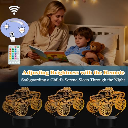 Monster Truck Night Light, Monster Truck Gifts, 3D Illusion Lamp with Remote Control, 16 RGB Colors, 4 Flashing Modes, Timer, Dimmable, Kids Room Decoration for Holiday Birthday Christmas - color: Color 7