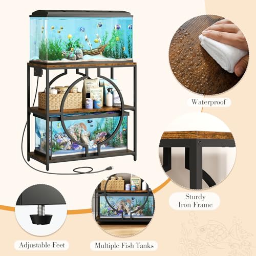 HavenlyYouth 20-29 Gallon Aquarium Stand with Power Outlet, 3 Tier Heavy Duty Metal Fish Tank Stand with Storage Shelf, Fish Tank Table for Home Office, 31.5" L x 15.7" W x 31.2" H, Rustic Brown - size: 20-29 Gallon