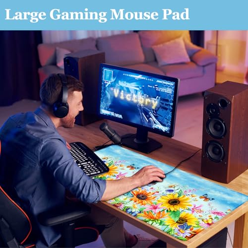 Desk Pad Sunflowers, Big Mouse Pad Flower Butterfly Women Girls Desk Mat Extended Large Gaming Mouse Pad Non-Slip Base Stitched Edge Work Home Office Desks Computer Keyboard Laptop Decor Mouse Mat - color: Blue Sky Sunflowers Butterfly, size: 31.5" x 15.7