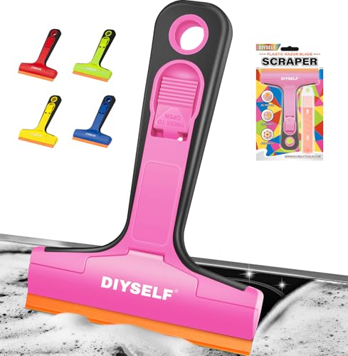 DIYSELF 1 Pack Plastic Razor Blade Scraper with 5 Pcs 4-Inch Plastic Razor Blades, Plastic Scraper Tool for Cleaning, Gasket and Decal Remover for Glass, Stovetop, Labels, Stickers & Paint Removal - color: Pink, size: 5PCS Plastic Blades
