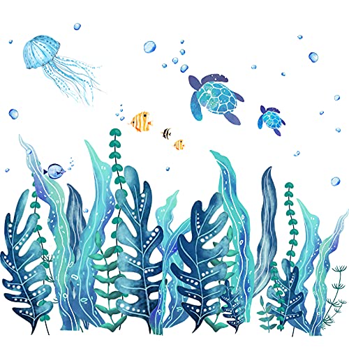 Tenare 5 Sheets Ocean Sea Turtle Wall Decals Stickers Under The Sea Stickers Seaweed Grass Jellyfish Fish Removable Vinyl Decal for Bedroom Bathroom Baby Nursery Room Wall Decor(Classic Style) - style: Classic
