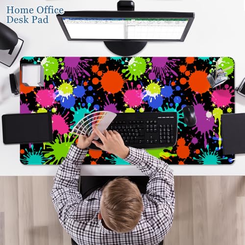 Desk Mat, Desk Matt for Desktop, Neon Paint Splatter XXL Large Gaming Mouse Pad with Non-Slip Rubber Base Stitched Edges Waterproof Keyboard Desk Pad for PC Gaming, Laptop, Computer, Work, Office - color: Pigment Paint Splashes, size: 31.5" x 15.7"