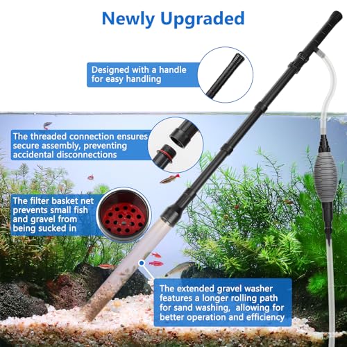 AQQA Gravel Vacuum for Aquarium Siphon - Adjustable Flow Fish Tank Cleaner with Handle, Manual Siphon Pump Water Changer Sand Rock Suction Cleaner, Upgraded Hard Hose with Threaded Connection (L) - size: L for tanks under 34" deep