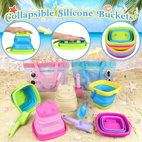 Collapsible Beach Buckets for Kids, 4 Packs Foldable Sand Buckets and Shovels with Mesh Beach Bag, Silicone Sand Pails for Toddlers Beach Toys, Easter Egg Hunt, Camping, Travelling, Fishing Water Pail - style: 4 Buckets