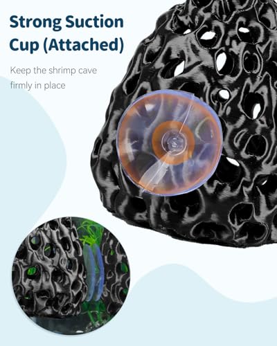 Uniclife Shrimp Cave, Shrimp Hides for Aquarium, Realistic Plastic Aquarium Coral Rock Decorations with Suction Cup, Betta Hideout Tank Accessories for Fish Tank Decor, Hiding & Resting, Black - color: Black